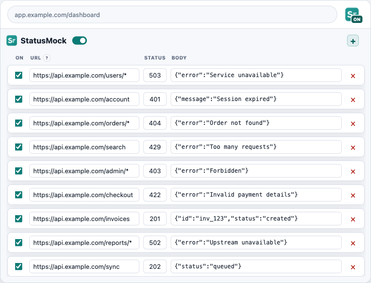 Real StatusMock extension popup with enabled 503 and 401 response rules, captured from the unpacked Chrome extension